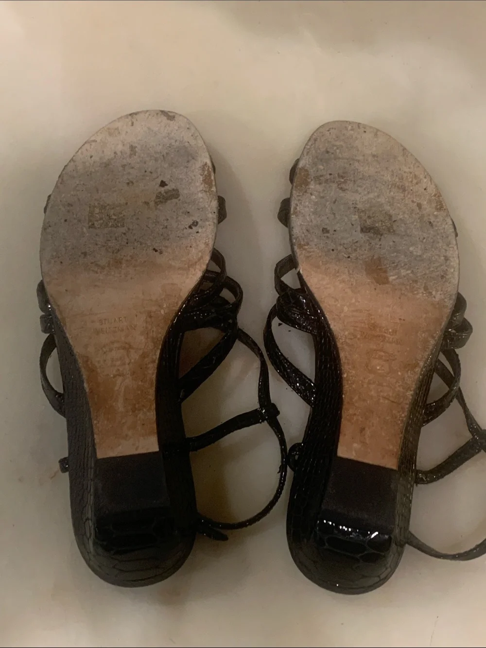 Stuart Weitzman black snake-embossed strappy low-wedge sandals Size 8